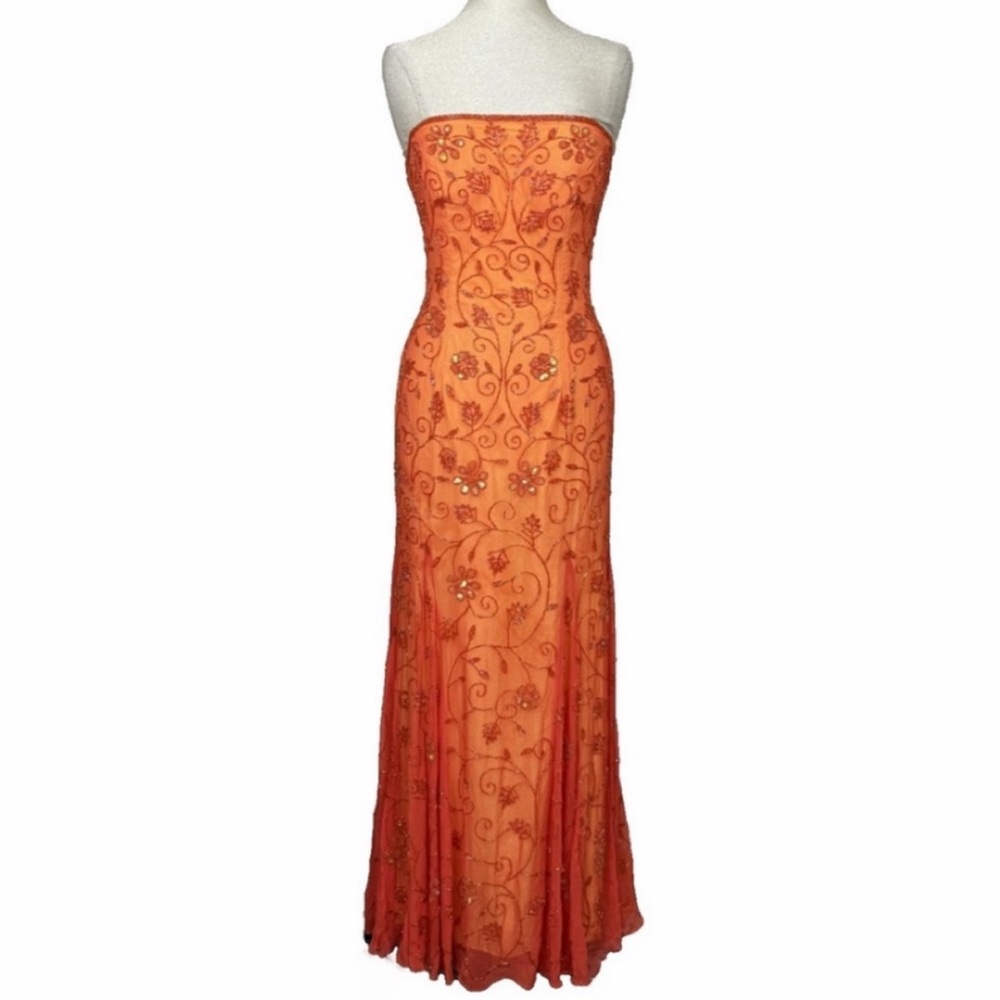 Vintage Y2K 100% Silk Beaded Dress Vintage Beaded Dress Orange Fairy Strapless